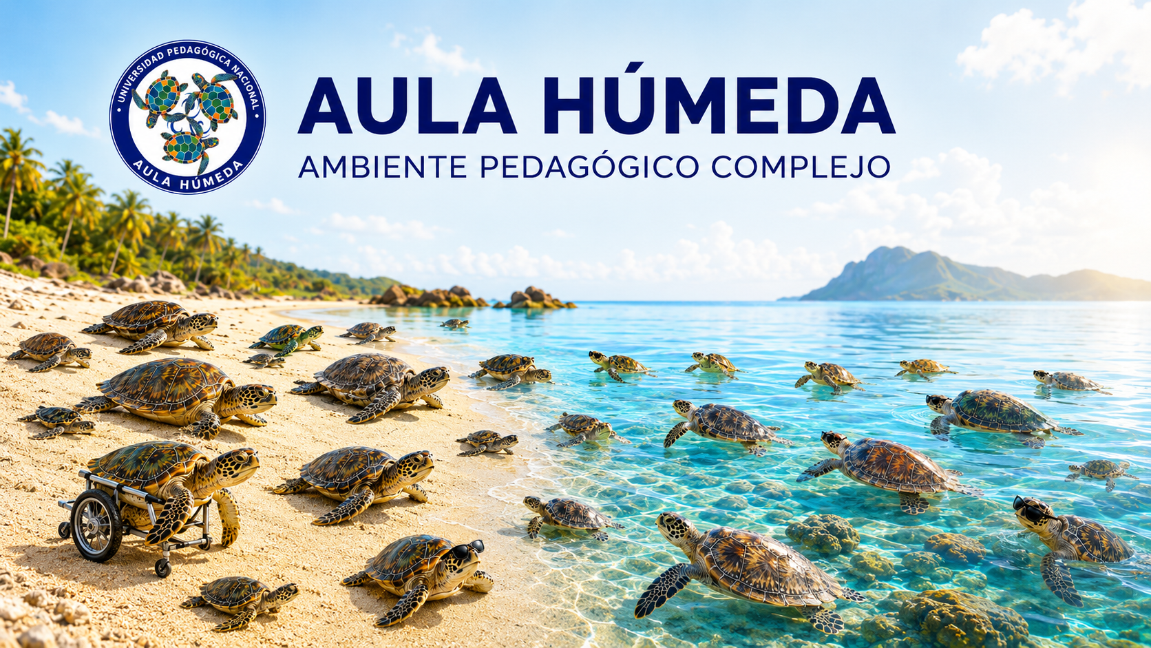Playa y mar con una comunidad de tortugas carey, símbolo visual de Aula Húmeda.